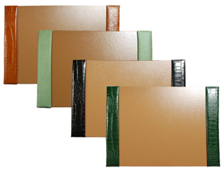 reptile-grain leather desk pads, shown in luaggage, jade, black and hunter leather