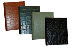reptile-grain leather 7 x 9 address books, shown in hunter, luggage, black and jade