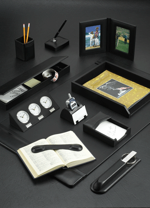 black leather desk pad blotter and coordinating accesssories with chrome-plated brass accents