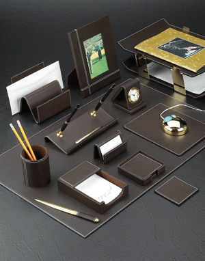 cocoa brown leather desk  pad set with gold-plated chrome accents