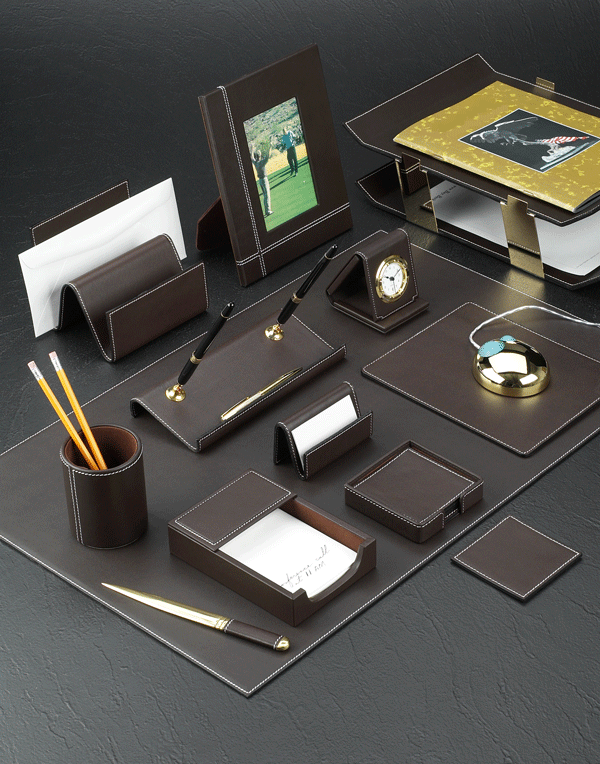 Cocoa Brown Leather Desk Pad Collection With Chrome Plated Brass