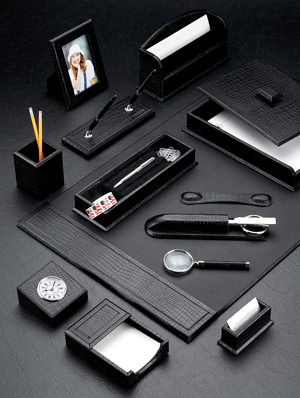 black croco-grain leather desk pad blotter with coordinating accessories