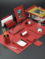 red leather desk pad conference pad, leather pen cup, red leather letter rack, leather photo frame, double document tray, silver plated computer mouse, red leather mouse pad, red leather clock, folding clock, alarm clock, red leather coaster set,, red leather business card holder, double pen stand