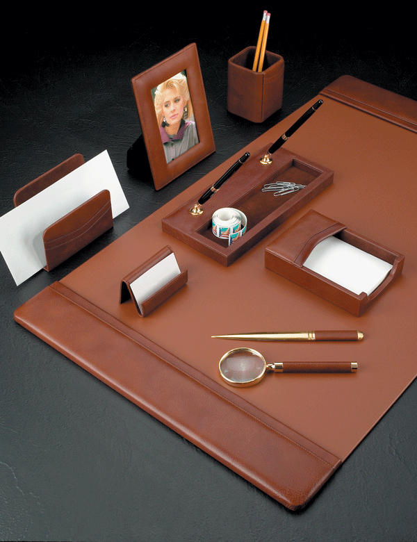 Antiqued Tan Leather Desk Collection, Leather Desk Blotter Pad