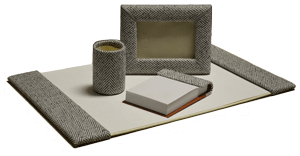 four piece herringbone tweed fabric desk pad set
