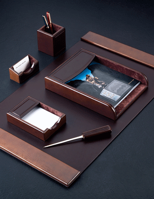 wood and brown leather six piece desk pad blotter set
