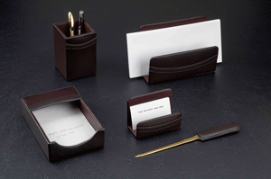 brown leather five-piece desk accessory set