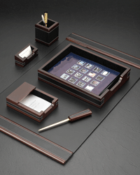 two tone leather and wood 6 piece desk pad set