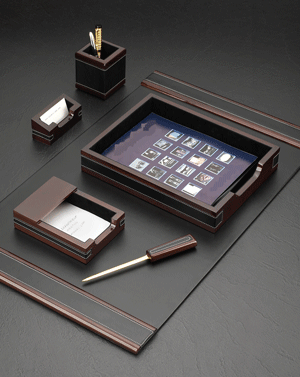 brown wood desk pad set with black leather trim