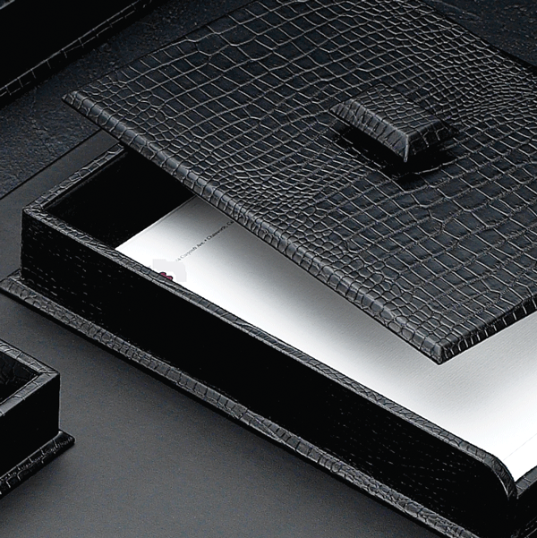 Black Crocodile Grain Leather Desk Pad, Black Leather Desk Letter Tray