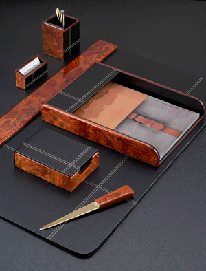 burled wood and black leather six piece desk pad blotter set