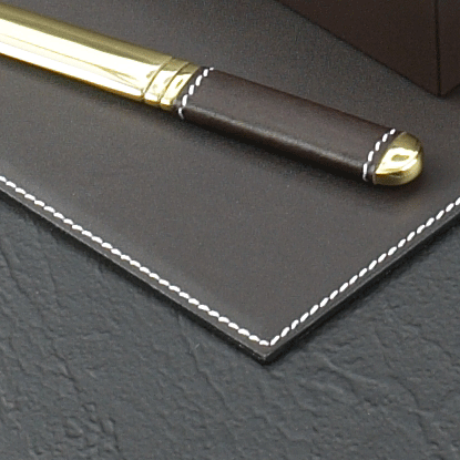 Cocoa Brown Leather Desk Pad Collection With Chrome Plated Brass