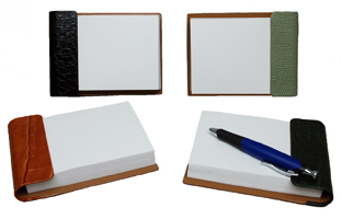 reptile-grain leather note pads, shown in black, jade, luggage and hunter