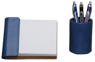 croco-grain leather 2 piece desk accessories set, shown in periwinkle blue pebble lizard