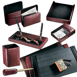 eight-piece leather desk set, showing black, brown and Burgundy samples
