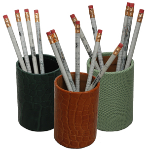 reptile-grain leather pen and pencil holders, shown in hunter, luggage and jade