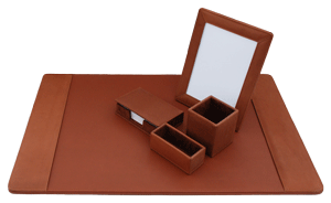 tan topgrain leather five piece desk set