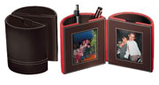 round leather desktop photo frame with pen and pencil holders